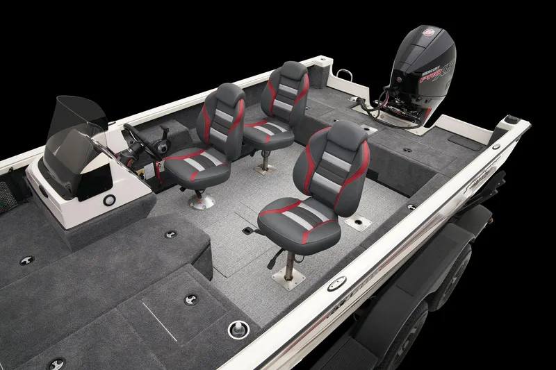 Slide: The Image of 2024 Ranger VS1882SC Angler boat interior with seating and motor. - 45