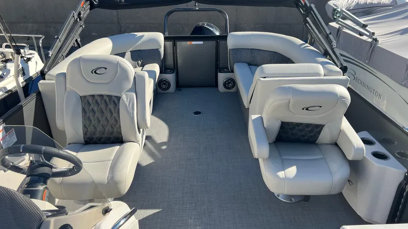 Slide: The Image of Luxurious interior of a 2020 Crest Classic Platinum 220 SLC pontoon boat. - 8