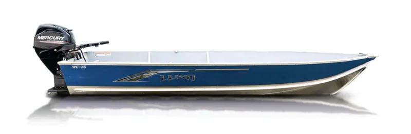Slide: The Image of 2024 Lund WC-16 boat with Mercury outboard motor, side view. - 1