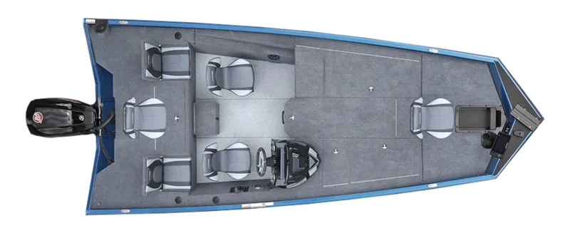 Slide: The Image of 2024 Lund 1875 Renegade SS fishing boat, top view, blue exterior, spacious seating, and storage. - 2