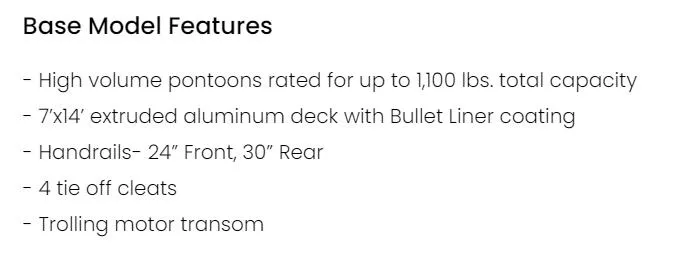 Slide: The Image of Base Model Features of Pond-Tini Series 14 (2024): High volume pontoons, 7'x14' aluminum deck, handrails, - 6
