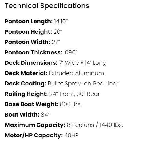 Slide: The Image of Technical specifications for Pond-Tini Series 14 pontoon boat, 2024 model. - 7