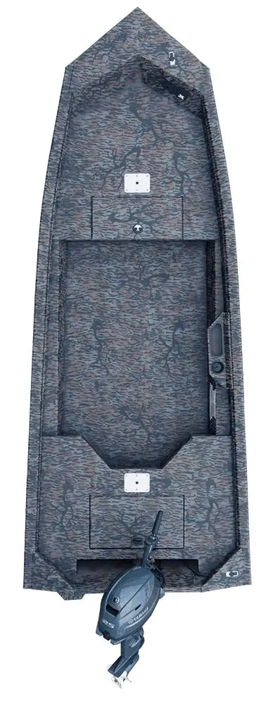 Slide: The Image of 2024 Xpress HD15DBX duck hunting boat, top view, camo design, in stock. - 13