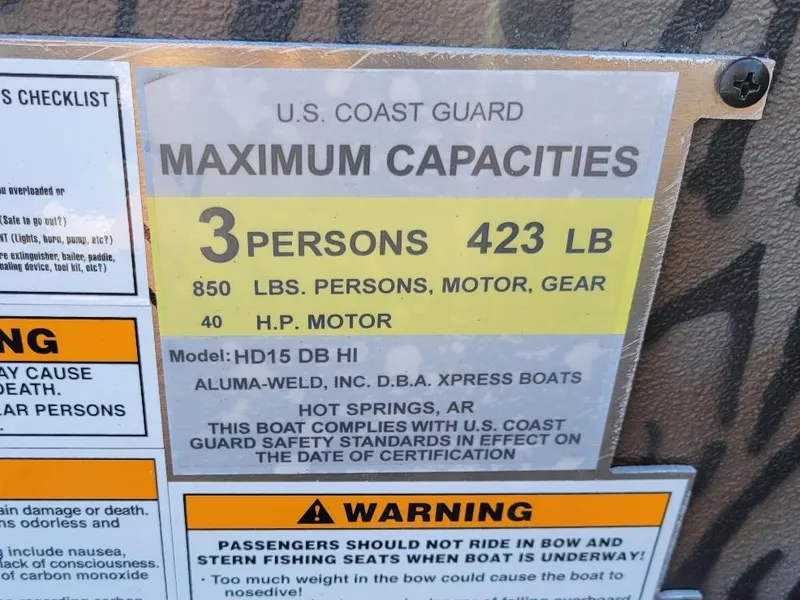 Slide: The Image of 2024 Xpress HD15DBX duck hunting boat capacity label, 3 persons, 423 lbs, 40 HP motor. - 9