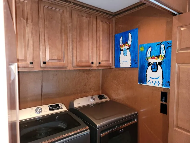 Slide: The Image of Laundry room in a 2008 Sumerset Houseboat with washer, dryer, cabinets, and llama artwork. - 20