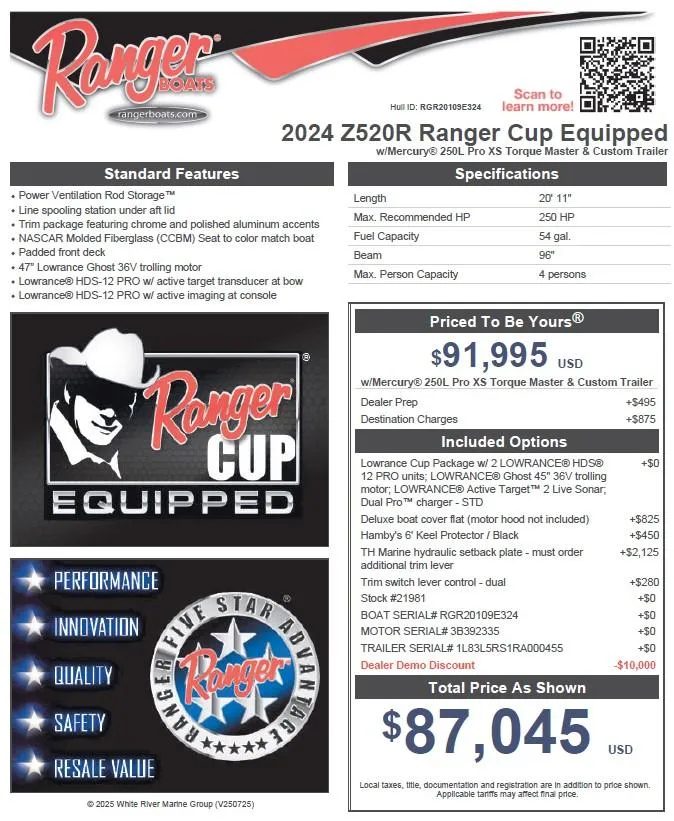 Slide: The Image of 2024 Ranger Z520R Cup Equipped boat features, pricing, and specifications overview. - 34