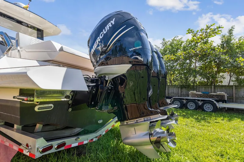 Slide: The Image of 2023 Astondoa 377 Coupe Outboard with Mercury Verado engine on trailer. - 9