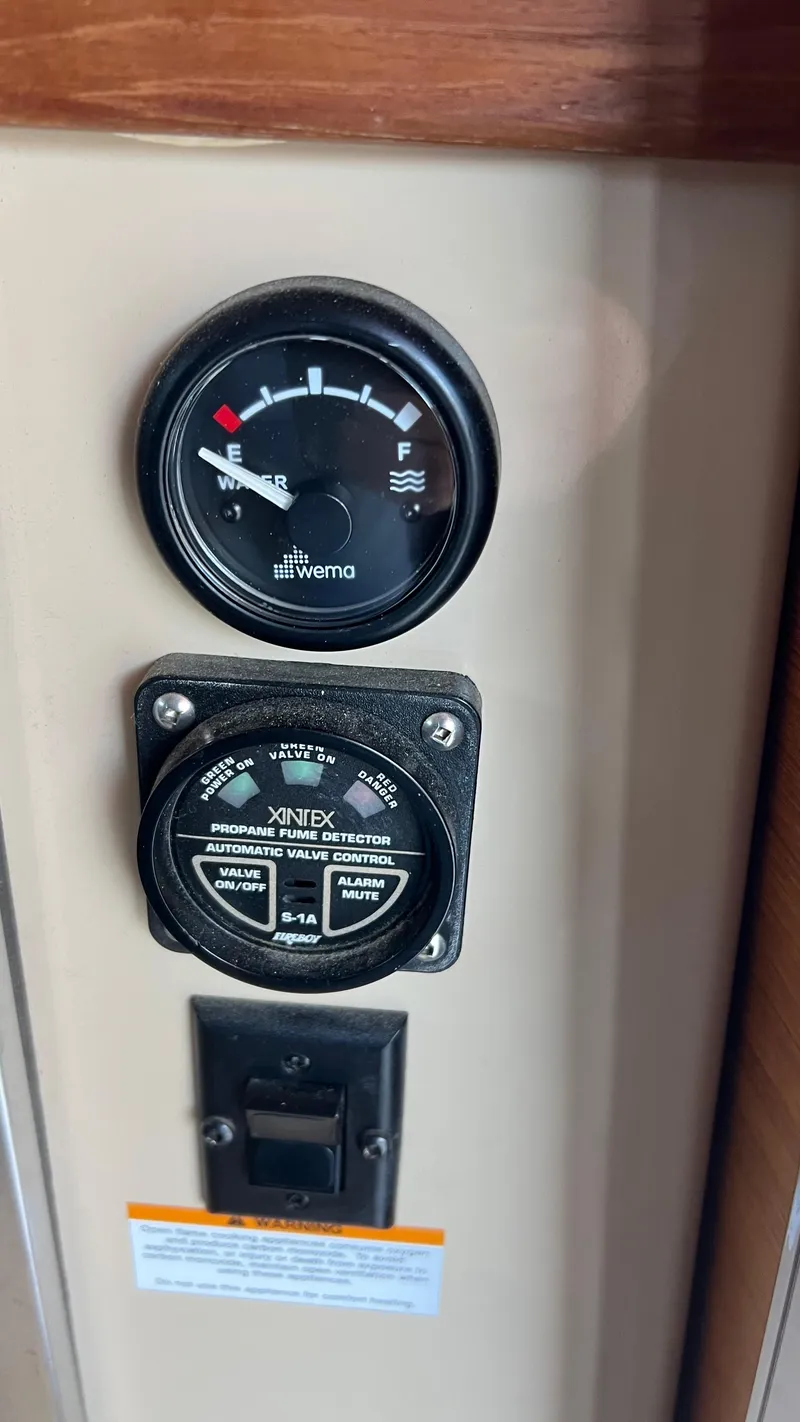 Slide: The Image of 2014 Ranger Tugs R29S control panel with water gauge and propane fume detector. - 39