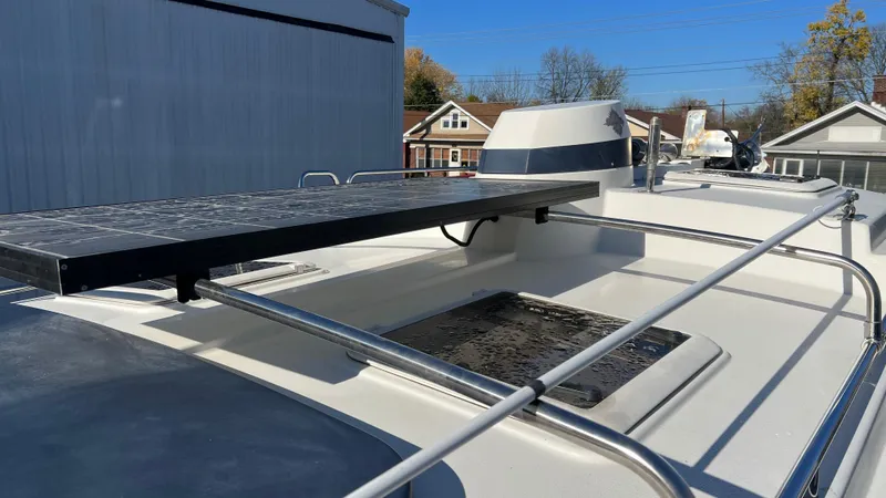 Slide: The Image of 2014 Ranger Tugs R29S boat roof with solar panel and railing. - 48