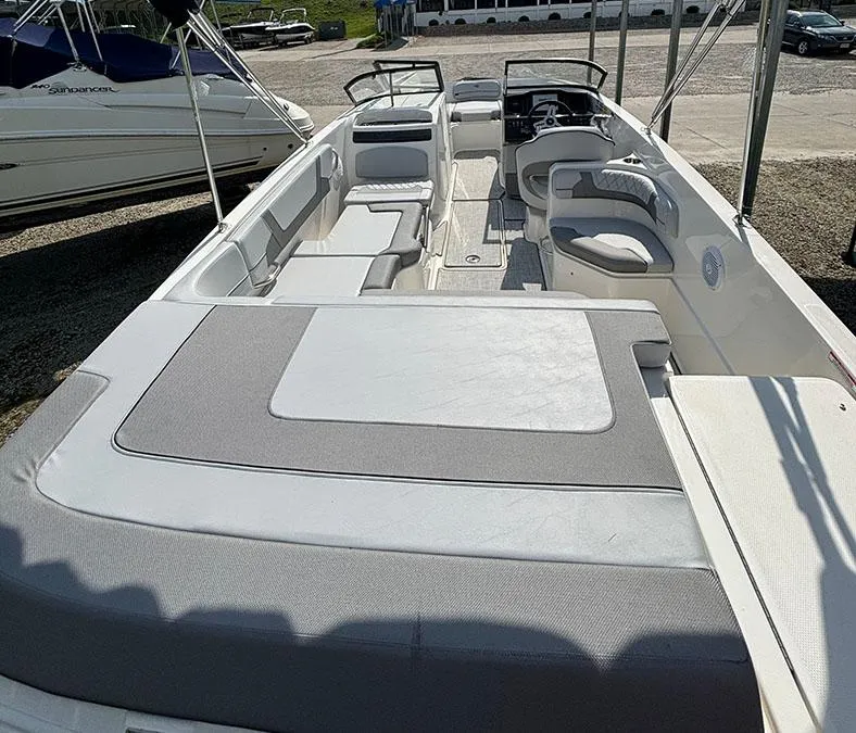 Slide: The Image of 2024 Bayliner VR6 boat with spacious seating and modern interior design. - 6