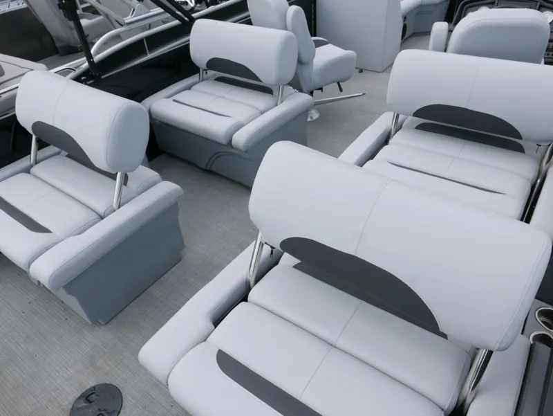 Slide: The Image of 2024 Bentley Pontoons Legacy 223 QSB interior with luxurious seating arrangement. - 23