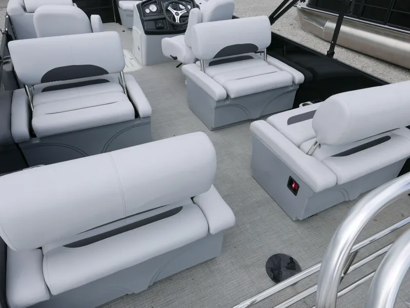 Slide: The Image of 2024 Bentley Pontoons Legacy 223 QSB interior with luxurious seating and modern design. - 25