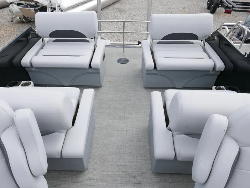 Slide: The Image of 2024 Bentley Pontoons Legacy 223 QSB interior with luxurious seating arrangement. - 26