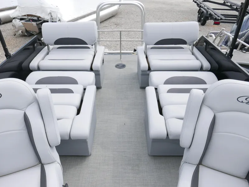 Slide: The Image of 2024 Bentley Pontoons Legacy 223 QSB interior with luxurious seating arrangement. - 27