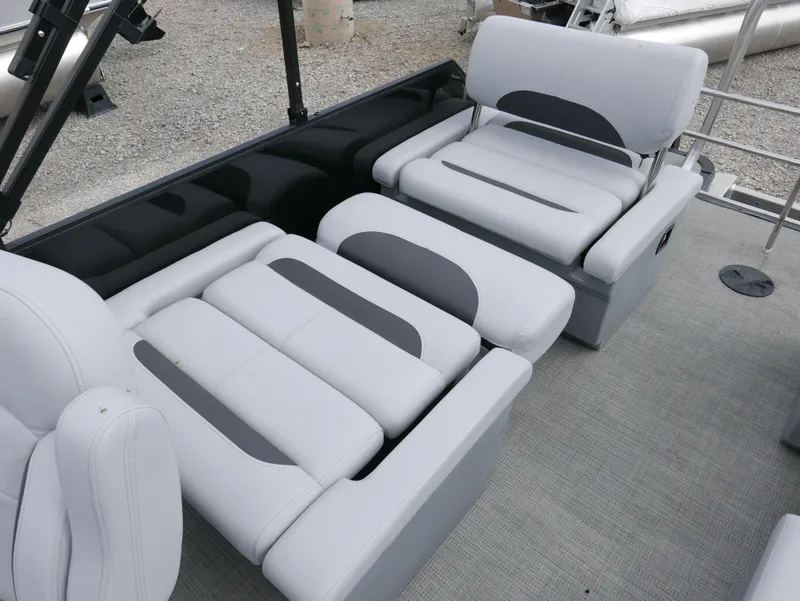 Slide: The Image of 2024 Bentley Pontoons Legacy 223 QSB interior with plush gray seating. - 29
