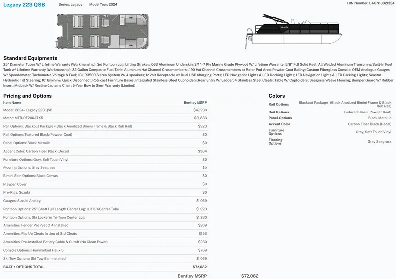 Slide: The Image of 2024 Bentley Pontoons Legacy 223 QSB specifications, pricing, and color options. - 32