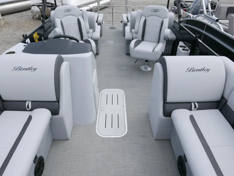 Slide: The Image of 2024 Bentley Pontoons Legacy 223 QSB interior with luxurious seating and modern design. - 7