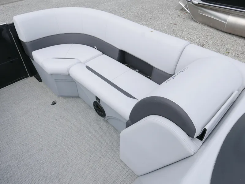 Slide: The Image of 2024 Bentley Pontoons Legacy 223 QSB interior seating with gray upholstery. - 9