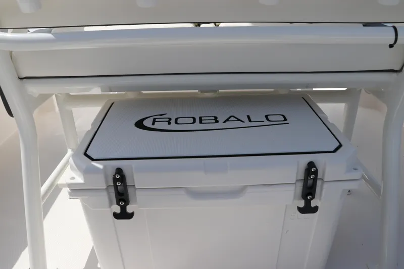 Slide: The Image of 2024 Robalo 226 Cayman storage compartment with branded cooler. - 12