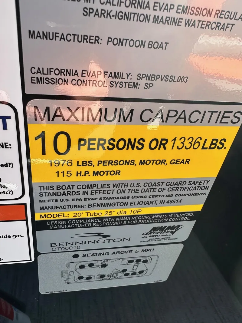 Slide: The Image of 2025 Bennington 21 SSR Quad Bench capacity label, 10 persons or 1336 lbs, 115 HP motor. - 12