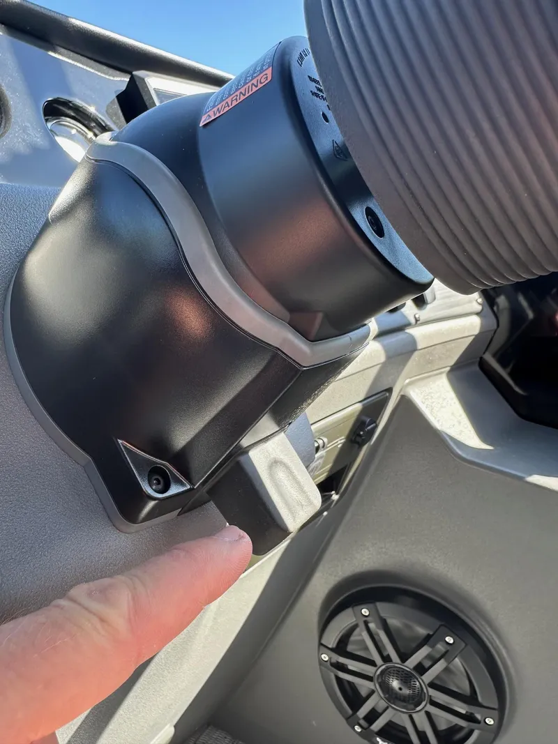 Slide: The Image of Close-up of 2025 Bennington 21 SSR Quad Bench boat steering mechanism. - 16