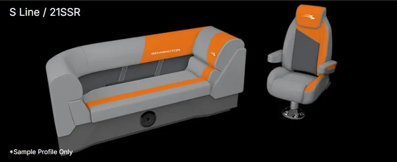 Slide: The Image of 2025 Bennington 21 SSR Quad Bench and captain's chair in gray and orange upholstery. - 19