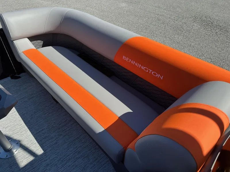Slide: The Image of 2025 Bennington 21 SSR Quad Bench with orange and gray upholstery, in stock. - 26