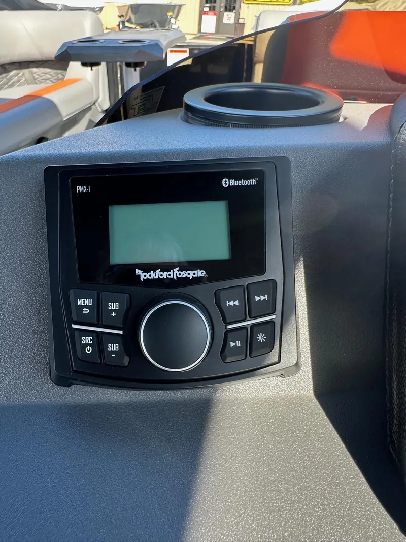 Slide: The Image of 2025 Bennington 21 SSR Quad Bench boat with Rockford Fosgate Bluetooth stereo system. - 33