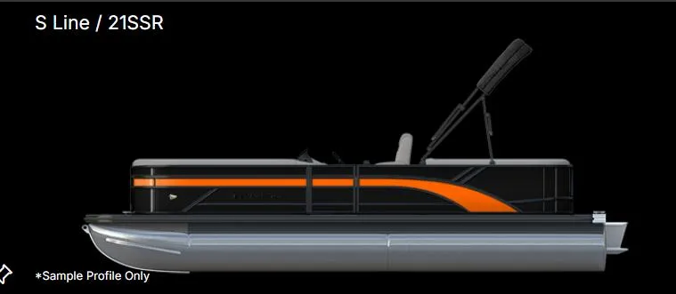 Slide: The Image of 2025 Bennington 21 SSR Quad Bench pontoon boat, sleek black and orange design, side profile. - 40