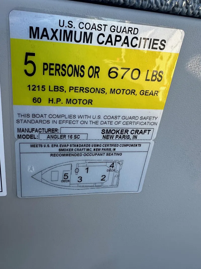 Slide: The Image of 2025 Smoker Craft 16 Angler Patriot SC boat capacity label, 5 persons or 670 lbs, 60 HP motor. - 16