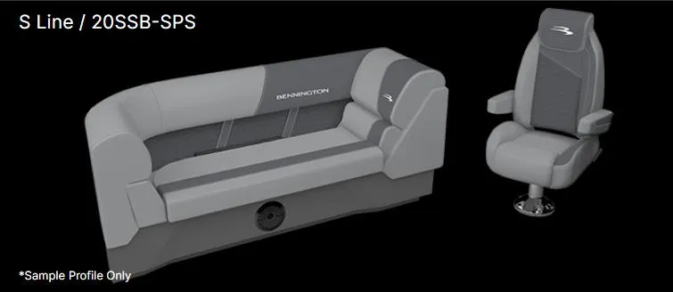 Slide: The Image of 2025 Bennington 20 SSB SwingBack Tritoon seating, featuring gray upholstery and ergonomic design. - 27