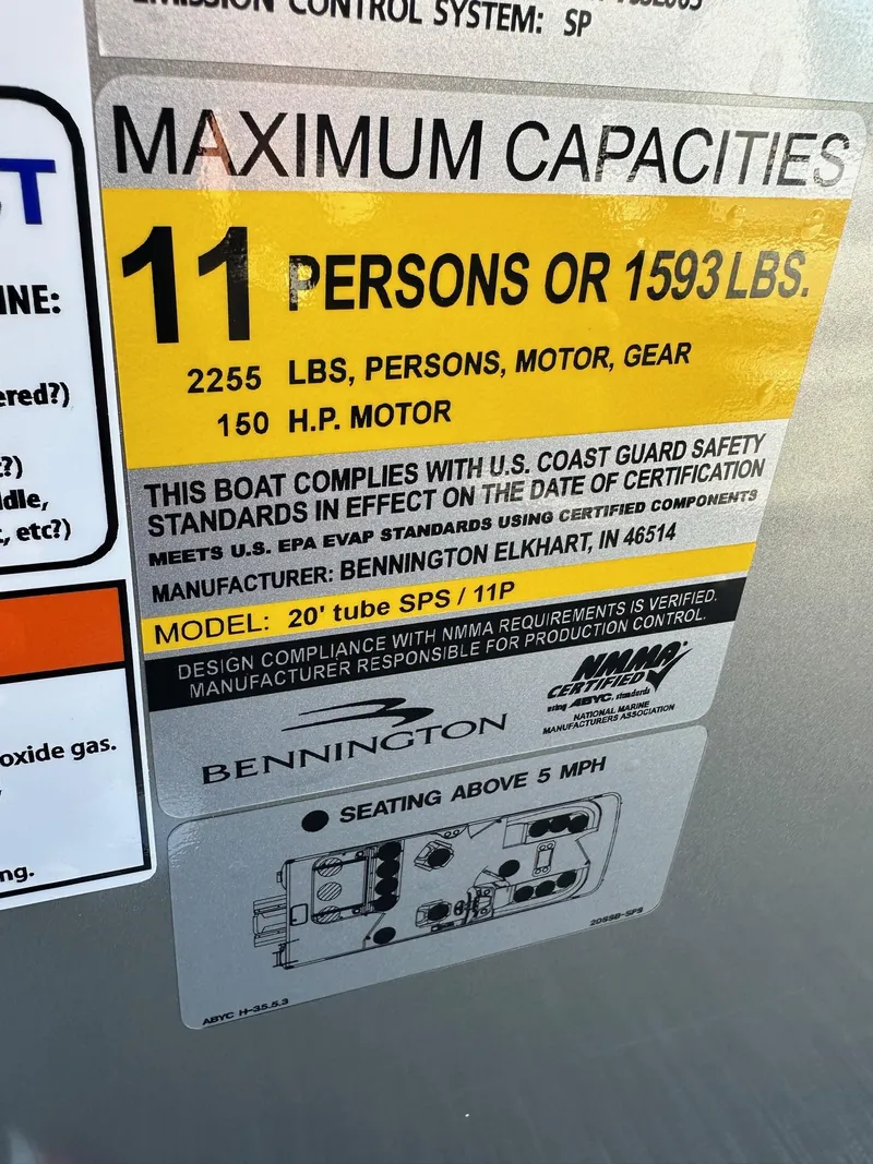 Slide: The Image of 2025 Bennington 20 SSB Tritoon capacity label, 11 persons or 1593 lbs, 150 HP motor. - 9