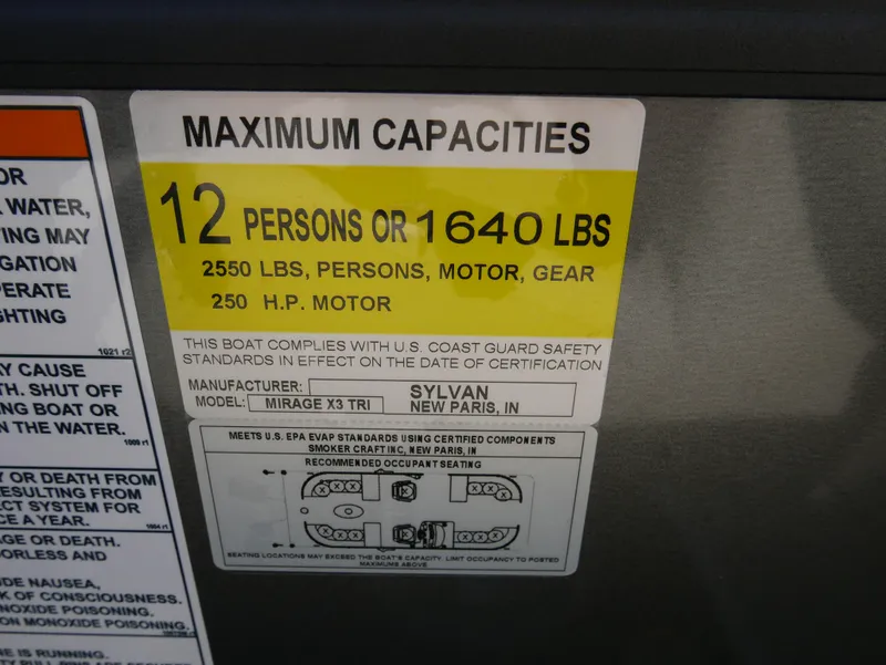 Slide: The Image of Sylvan Mirage X X3 2023 capacity label: 12 persons or 1640 lbs, 250 HP motor. - 15