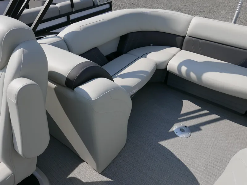 Slide: The Image of 2023 Sylvan Mirage X X3 boat interior with plush seating and modern design. - 18