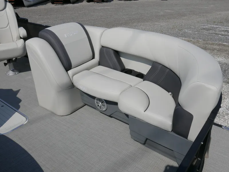 Slide: The Image of 2023 Sylvan Mirage X X3 boat seating with gray and white upholstery. - 8