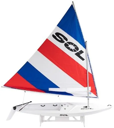 Slide: The Image of 2024 Dinghy Sol Sailboat with colorful red, white, and blue sail. - 10