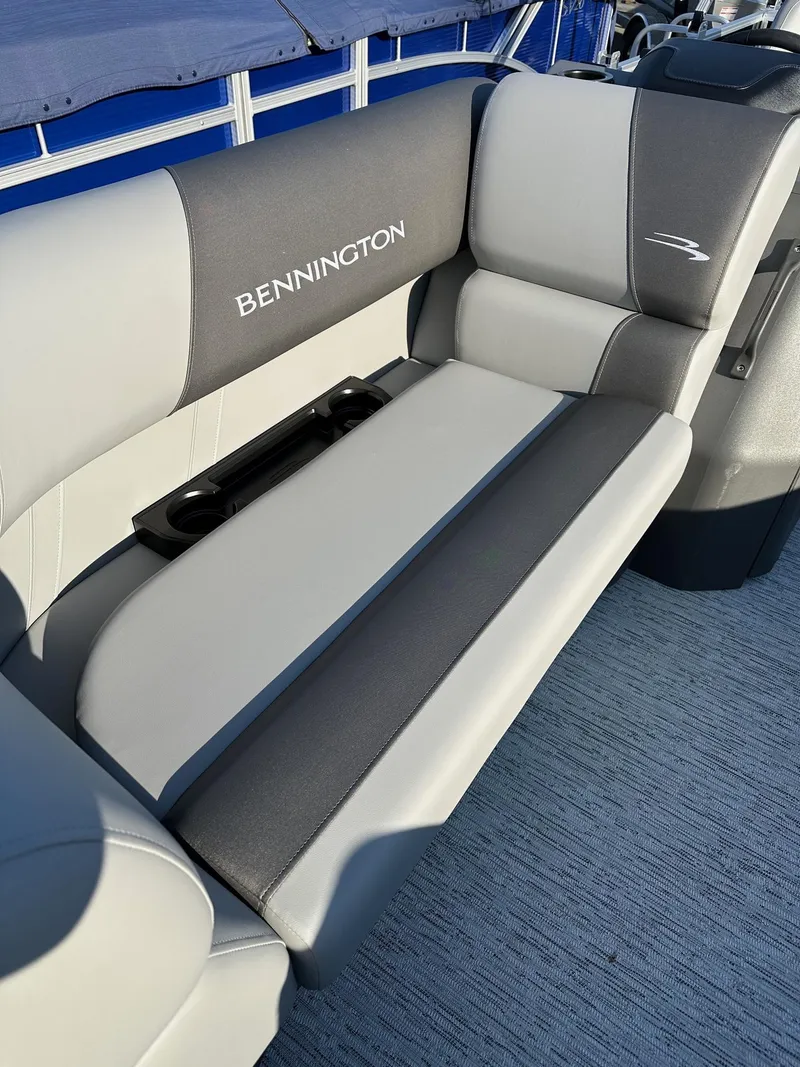 Slide: The Image of Bennington 188 SLJ boat seat, gray and white upholstery, cup holders, 2026 model. - 9