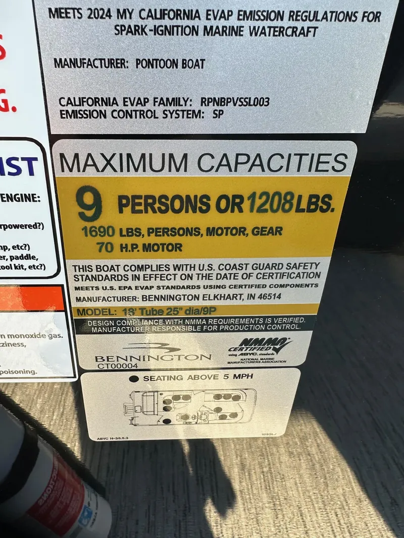 Slide: The Image of Bennington 188 SLJ capacity label: 9 persons or 1208 lbs, 70 HP motor, U.S. Coast Guard compliant. - 15