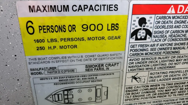 Slide: The Image of Capacity label for 2025 Smoker Craft Phantom 20 X2 offshore, 6 persons or 900 lbs. - 17