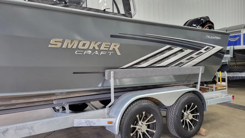 Slide: The Image of 2025 Smoker Craft Phantom 20 X2 offshore boat on trailer, featuring Yamaha Vmax 250 SHO engine. - 18