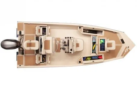 Slide: The Image of 2024 G3 Bay 20 GX fishing boat, top view, beige interior, storage compartments. - 11