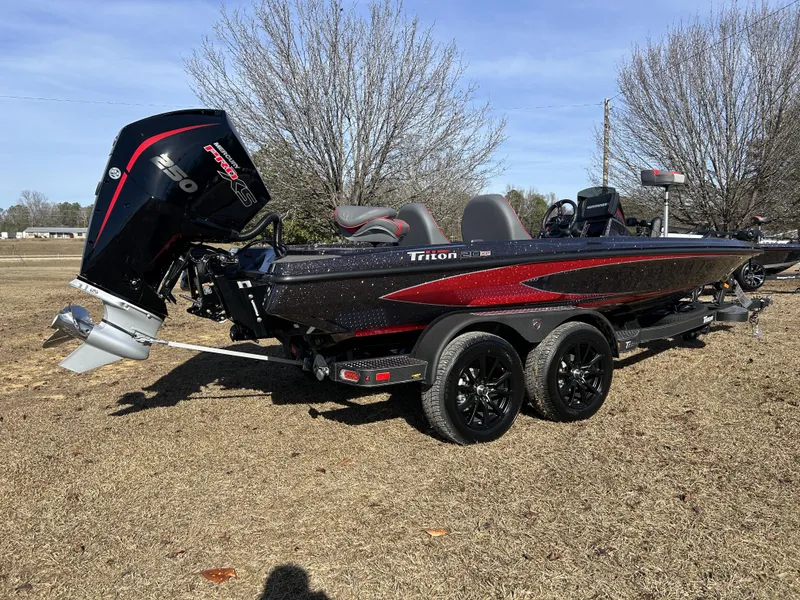 Slide: The Image of 2024 Triton 20XP boat with powerful engine, parked on grass. - 11