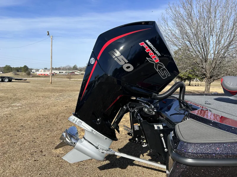 Slide: The Image of 2024 Triton 20XP boat with Mercury Pro XS 250 outboard motor in a grassy area. - 14