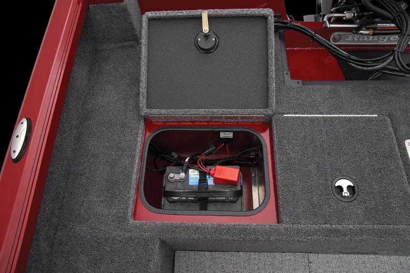 Slide: The Image of 2024 Ranger VS1682SC Angler boat battery compartment with open hatch. - 44