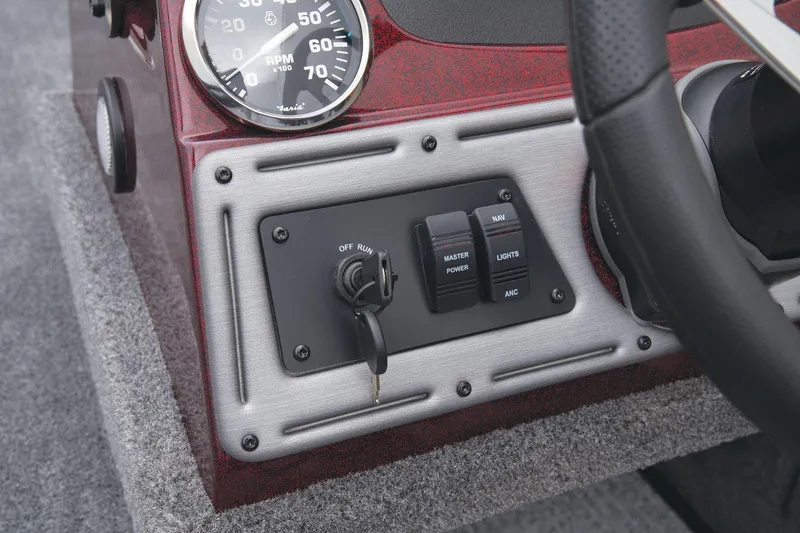 Slide: The Image of 2024 Ranger VS1682SC Angler boat dashboard with ignition switch and control panel. - 35