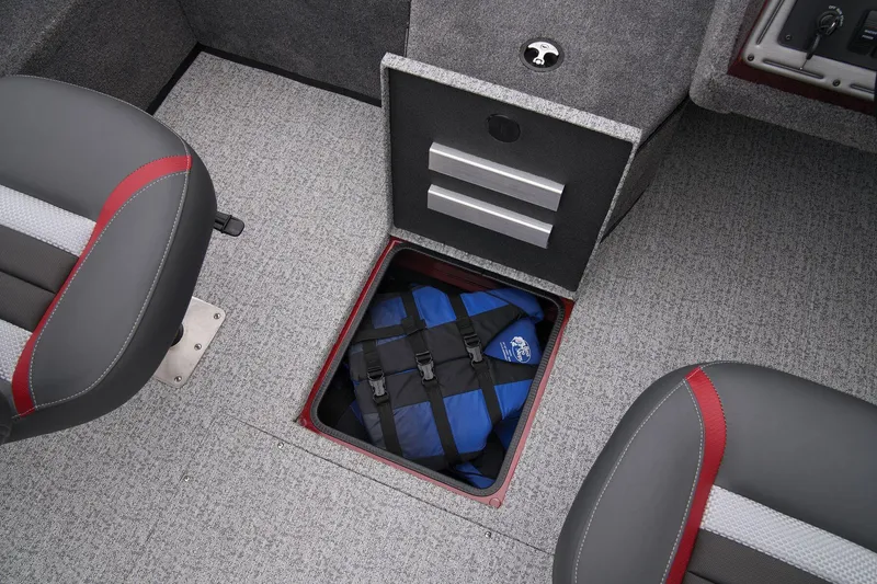 Slide: The Image of 2024 Ranger VS1682SC Angler boat interior with storage compartment and life jacket. - 40