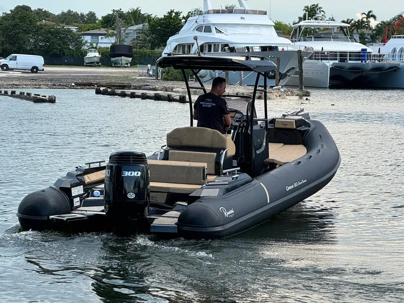 Slide: The Image of 2023 Ranieri CAYMAN 26 SPORT TOURING boat on water near docked yachts. - 6