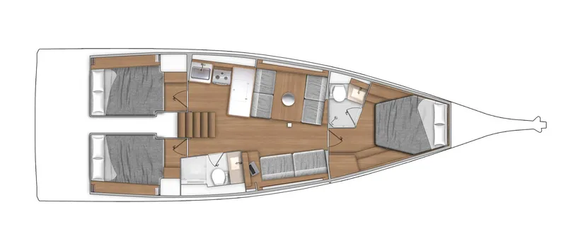 Slide: The Image of 2024 Beneteau First 44 yacht interior layout with cabins, kitchen, and seating area. - 21