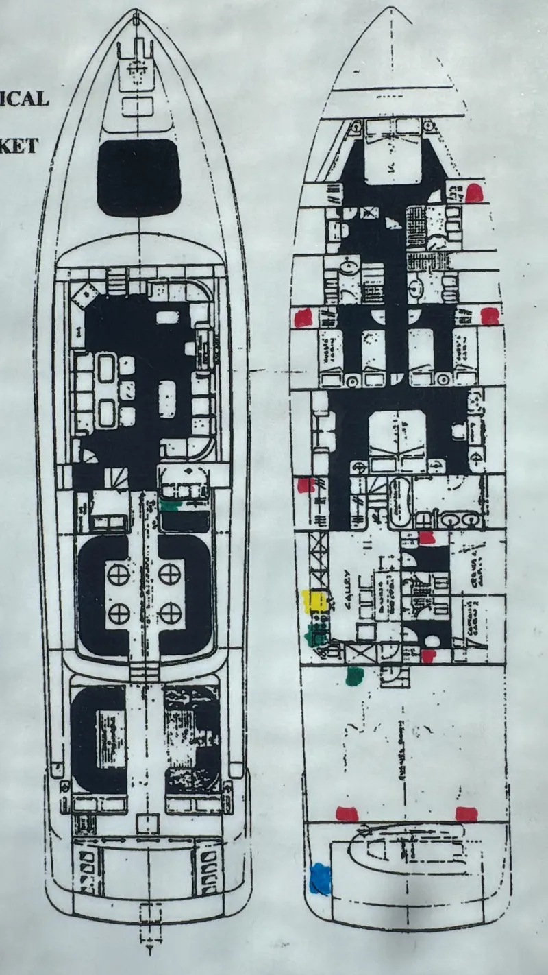 Slide: The Image of Deck layout of a 1995 Mangusta Motor Yacht, showcasing interior and exterior design. - 42