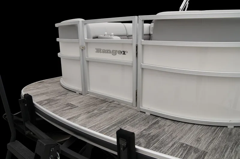 Slide: The Image of 2024 Ranger Reata 243C pontoon boat rear deck and gate. - 13